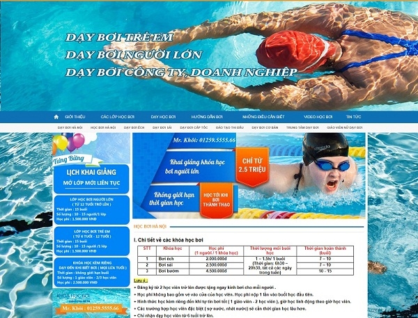 Thiết kế web giá rẻ trung tâm dạy bơi giá rẻ Hà Nội
